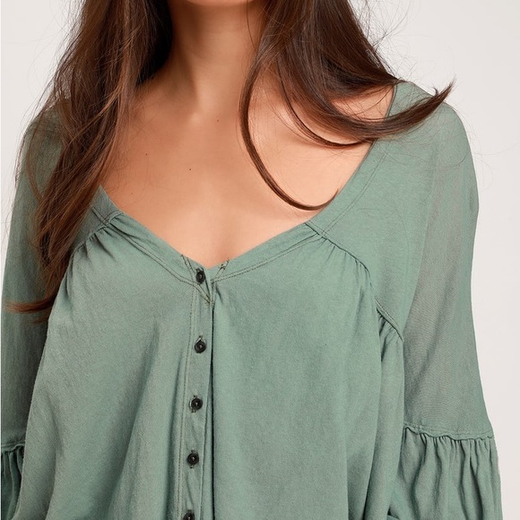Free People Moss Green Vintage Wash Half Sleeve Babydoll Top - Picture 6 of 7